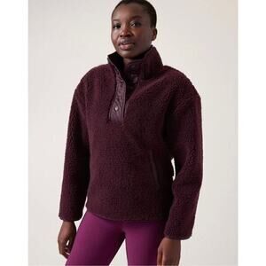 ATHLETA Cozy Sherpa Snap Sweatshirt Burgundy Fleece Zippered Pockets Sz XS